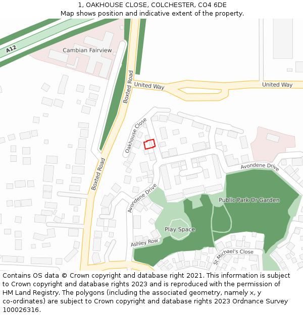 1, OAKHOUSE CLOSE, COLCHESTER, CO4 6DE: Location map and indicative extent of plot