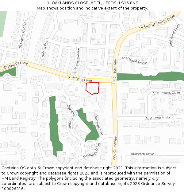 1, OAKLANDS CLOSE, ADEL, LEEDS, LS16 8NS: Location map and indicative extent of plot