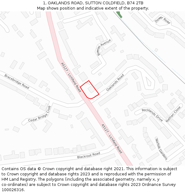 1, OAKLANDS ROAD, SUTTON COLDFIELD, B74 2TB: Location map and indicative extent of plot