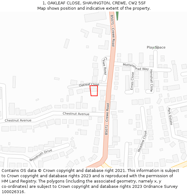 1, OAKLEAF CLOSE, SHAVINGTON, CREWE, CW2 5SF: Location map and indicative extent of plot