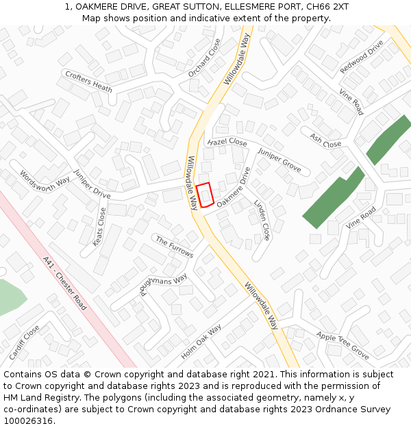 1, OAKMERE DRIVE, GREAT SUTTON, ELLESMERE PORT, CH66 2XT: Location map and indicative extent of plot