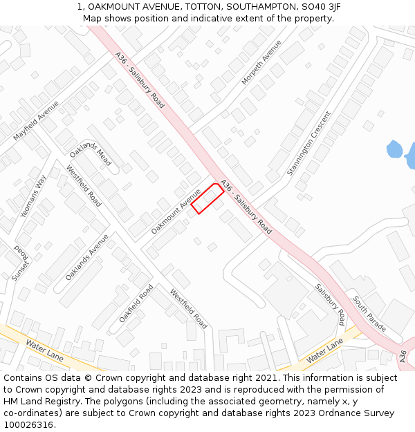 1, OAKMOUNT AVENUE, TOTTON, SOUTHAMPTON, SO40 3JF: Location map and indicative extent of plot