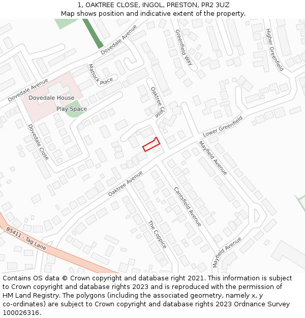 1, OAKTREE CLOSE, INGOL, PRESTON, PR2 3UZ: Location map and indicative extent of plot