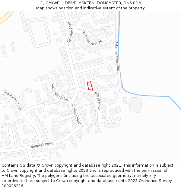 1, OAKWELL DRIVE, ASKERN, DONCASTER, DN6 0DA: Location map and indicative extent of plot