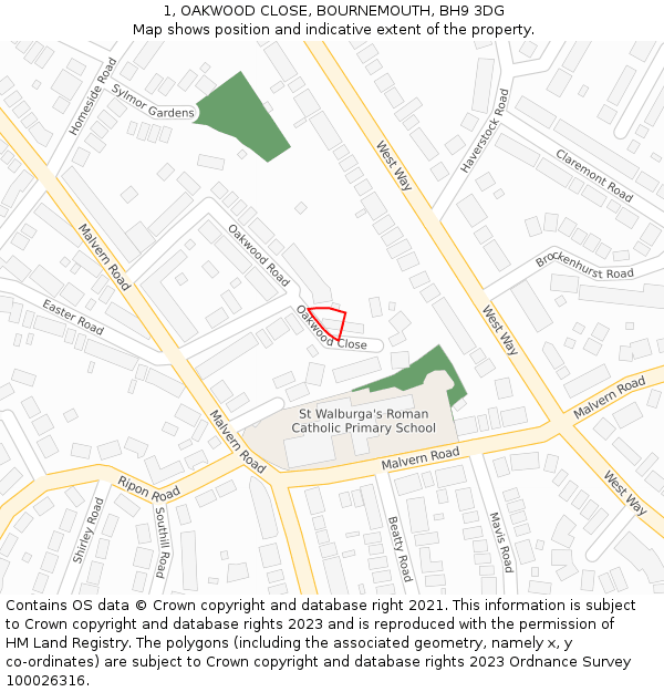 1, OAKWOOD CLOSE, BOURNEMOUTH, BH9 3DG: Location map and indicative extent of plot