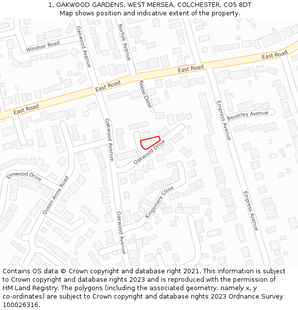 1, OAKWOOD GARDENS, WEST MERSEA, COLCHESTER, CO5 8DT: Location map and indicative extent of plot