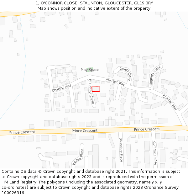 1, O'CONNOR CLOSE, STAUNTON, GLOUCESTER, GL19 3RY: Location map and indicative extent of plot