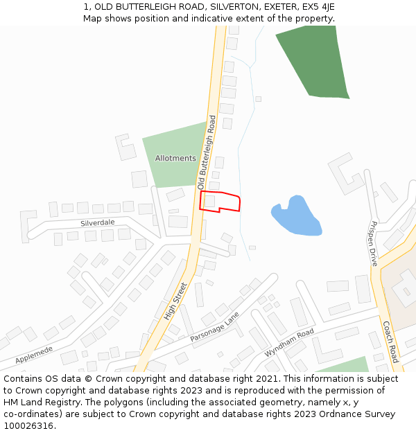 1, OLD BUTTERLEIGH ROAD, SILVERTON, EXETER, EX5 4JE: Location map and indicative extent of plot