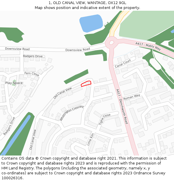 1, OLD CANAL VIEW, WANTAGE, OX12 9GL: Location map and indicative extent of plot
