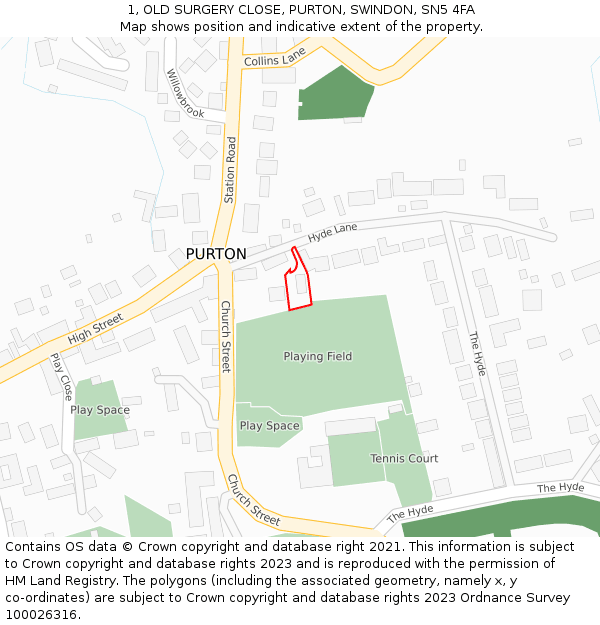 1, OLD SURGERY CLOSE, PURTON, SWINDON, SN5 4FA: Location map and indicative extent of plot