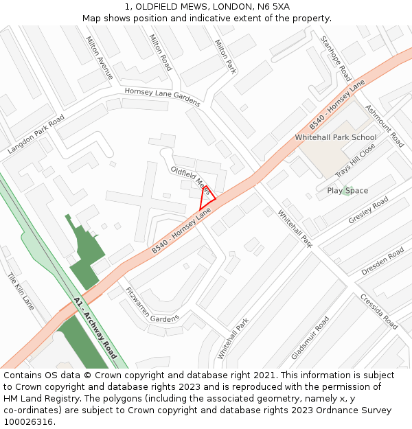 1, OLDFIELD MEWS, LONDON, N6 5XA: Location map and indicative extent of plot