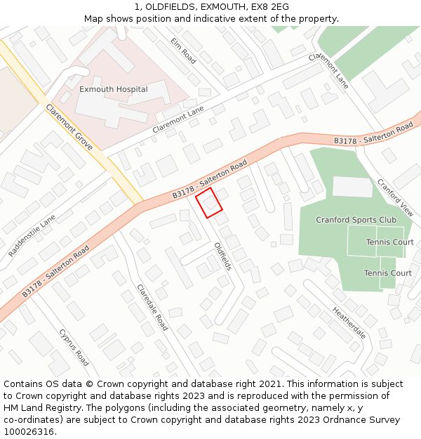 1, OLDFIELDS, EXMOUTH, EX8 2EG: Location map and indicative extent of plot