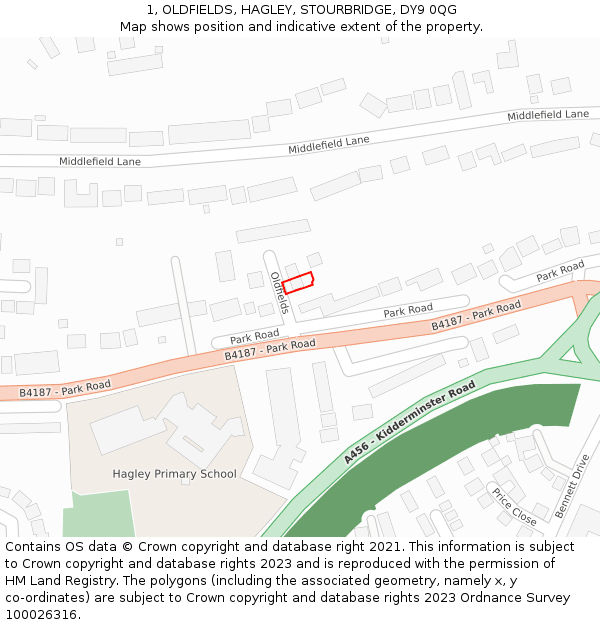 1, OLDFIELDS, HAGLEY, STOURBRIDGE, DY9 0QG: Location map and indicative extent of plot