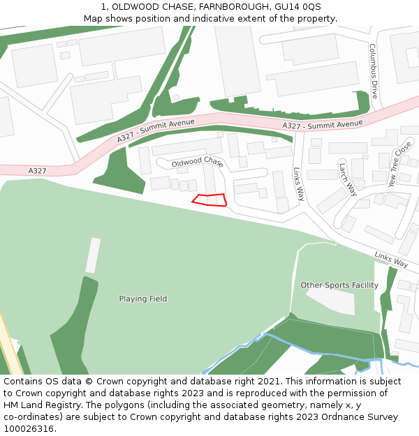 1, OLDWOOD CHASE, FARNBOROUGH, GU14 0QS: Location map and indicative extent of plot