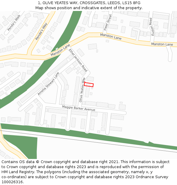1, OLIVE YEATES WAY, CROSSGATES, LEEDS, LS15 8FG: Location map and indicative extent of plot