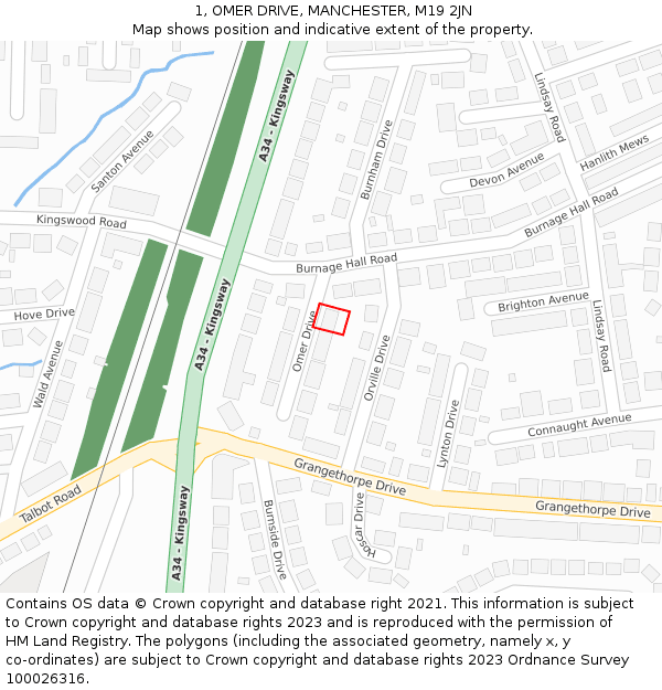 1, OMER DRIVE, MANCHESTER, M19 2JN: Location map and indicative extent of plot