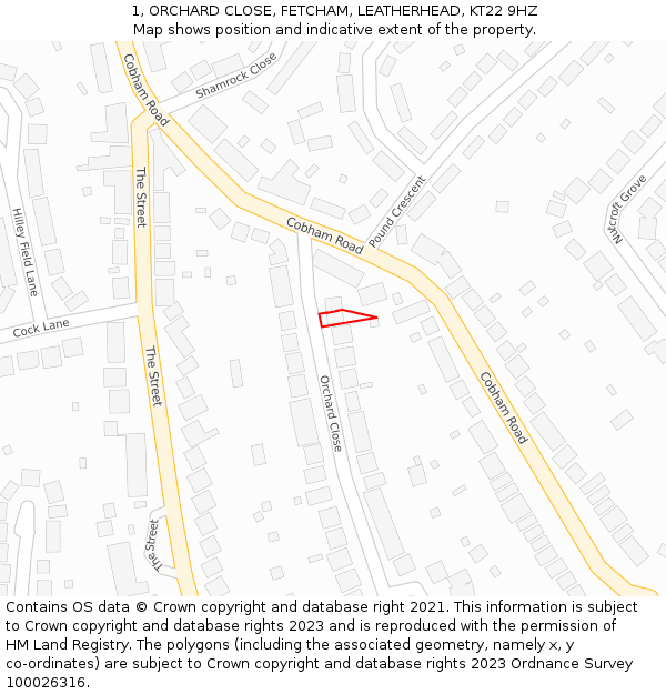 1, ORCHARD CLOSE, FETCHAM, LEATHERHEAD, KT22 9HZ: Location map and indicative extent of plot