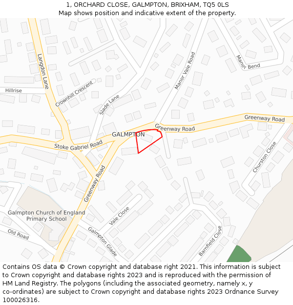 1, ORCHARD CLOSE, GALMPTON, BRIXHAM, TQ5 0LS: Location map and indicative extent of plot