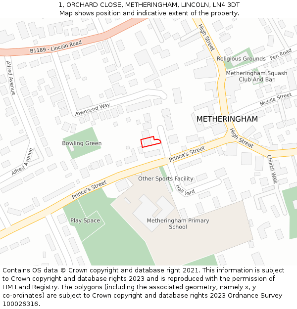 1, ORCHARD CLOSE, METHERINGHAM, LINCOLN, LN4 3DT: Location map and indicative extent of plot