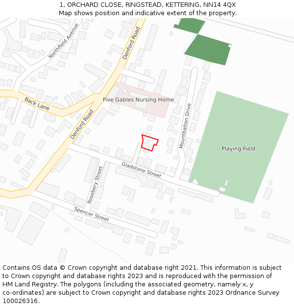 1, ORCHARD CLOSE, RINGSTEAD, KETTERING, NN14 4QX: Location map and indicative extent of plot