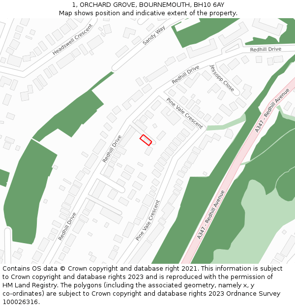 1, ORCHARD GROVE, BOURNEMOUTH, BH10 6AY: Location map and indicative extent of plot