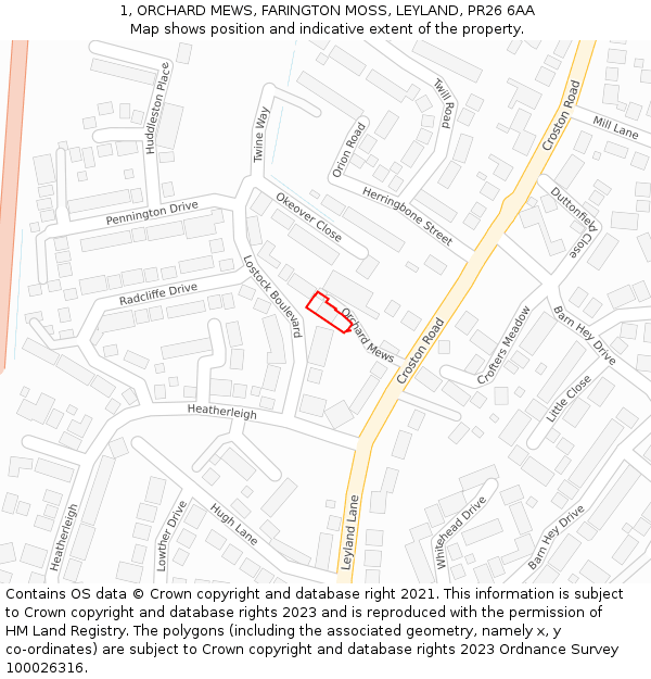 1, ORCHARD MEWS, FARINGTON MOSS, LEYLAND, PR26 6AA: Location map and indicative extent of plot