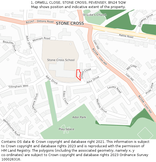 1, ORWELL CLOSE, STONE CROSS, PEVENSEY, BN24 5QW: Location map and indicative extent of plot