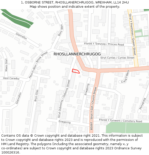 1, OSBORNE STREET, RHOSLLANERCHRUGOG, WREXHAM, LL14 2HU: Location map and indicative extent of plot