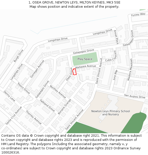 1, OSEA GROVE, NEWTON LEYS, MILTON KEYNES, MK3 5SE: Location map and indicative extent of plot