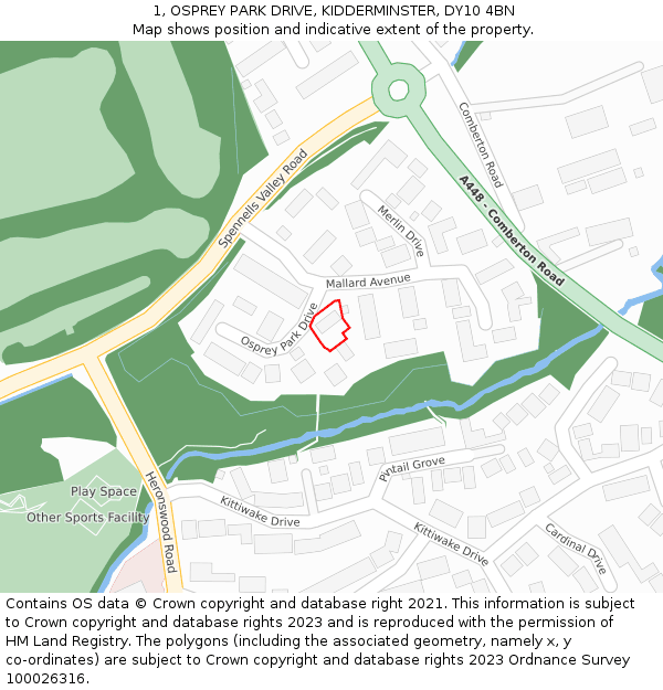 1, OSPREY PARK DRIVE, KIDDERMINSTER, DY10 4BN: Location map and indicative extent of plot