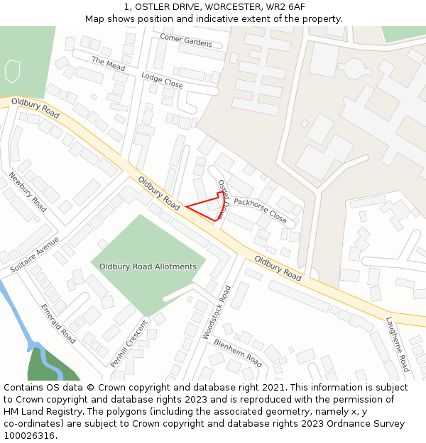 1, OSTLER DRIVE, WORCESTER, WR2 6AF: Location map and indicative extent of plot