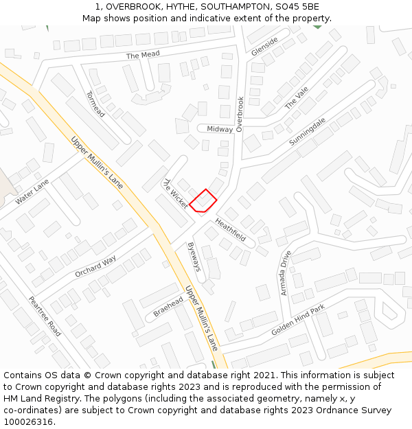 1, OVERBROOK, HYTHE, SOUTHAMPTON, SO45 5BE: Location map and indicative extent of plot