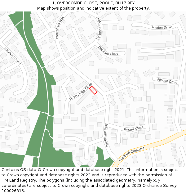 1, OVERCOMBE CLOSE, POOLE, BH17 9EY: Location map and indicative extent of plot