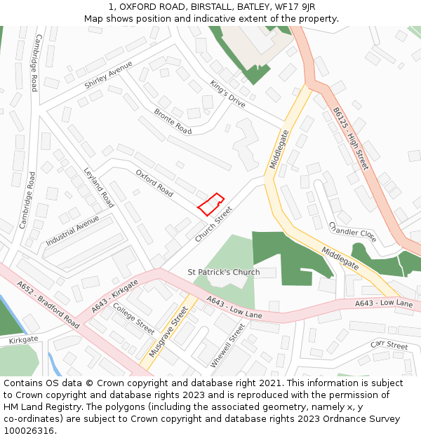 1, OXFORD ROAD, BIRSTALL, BATLEY, WF17 9JR: Location map and indicative extent of plot