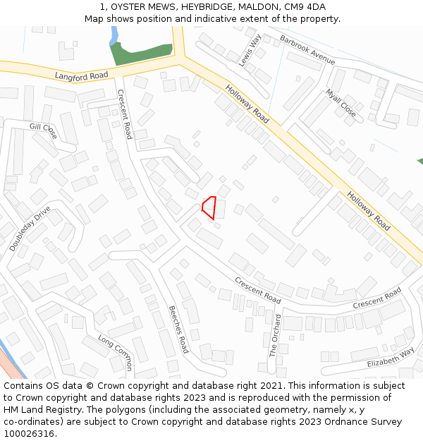 1, OYSTER MEWS, HEYBRIDGE, MALDON, CM9 4DA: Location map and indicative extent of plot