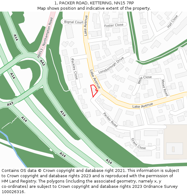 1, PACKER ROAD, KETTERING, NN15 7RP: Location map and indicative extent of plot