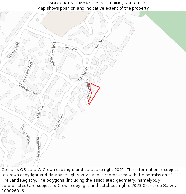 1, PADDOCK END, MAWSLEY, KETTERING, NN14 1GB: Location map and indicative extent of plot