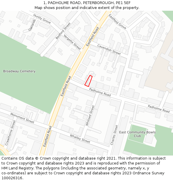 1, PADHOLME ROAD, PETERBOROUGH, PE1 5EF: Location map and indicative extent of plot