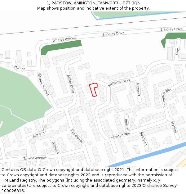 1, PADSTOW, AMINGTON, TAMWORTH, B77 3QN: Location map and indicative extent of plot