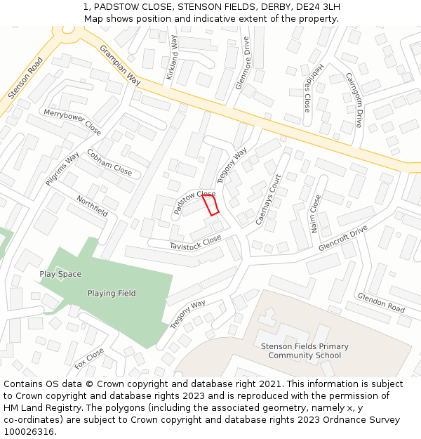 1, PADSTOW CLOSE, STENSON FIELDS, DERBY, DE24 3LH: Location map and indicative extent of plot