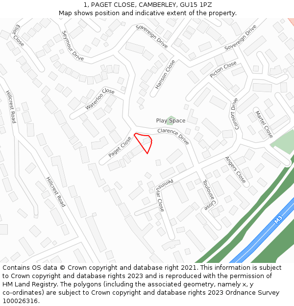 1, PAGET CLOSE, CAMBERLEY, GU15 1PZ: Location map and indicative extent of plot