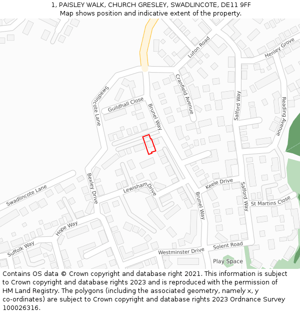1, PAISLEY WALK, CHURCH GRESLEY, SWADLINCOTE, DE11 9FF: Location map and indicative extent of plot
