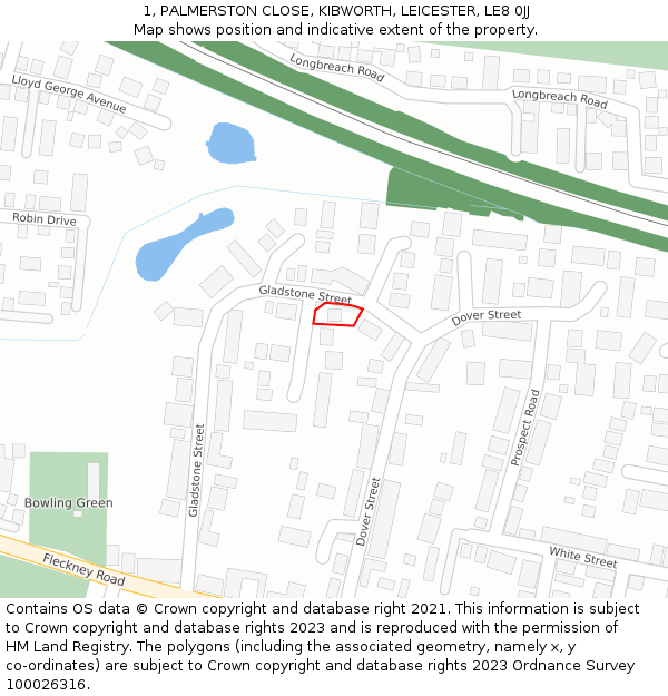 1, PALMERSTON CLOSE, KIBWORTH, LEICESTER, LE8 0JJ: Location map and indicative extent of plot