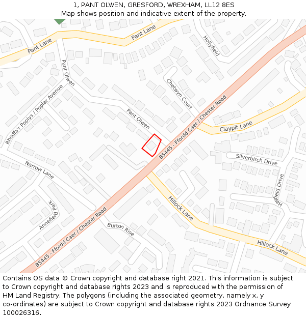 1, PANT OLWEN, GRESFORD, WREXHAM, LL12 8ES: Location map and indicative extent of plot