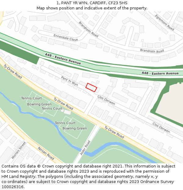 1, PANT YR WYN, CARDIFF, CF23 5HS: Location map and indicative extent of plot