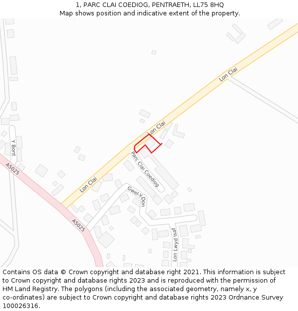 1, PARC CLAI COEDIOG, PENTRAETH, LL75 8HQ: Location map and indicative extent of plot