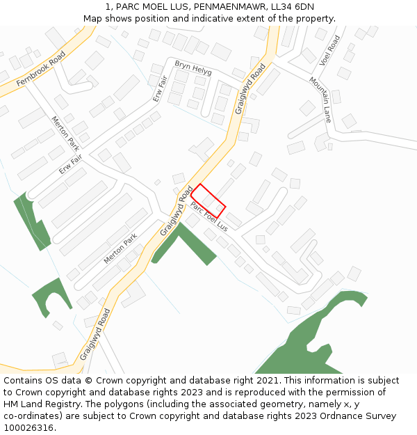 1, PARC MOEL LUS, PENMAENMAWR, LL34 6DN: Location map and indicative extent of plot