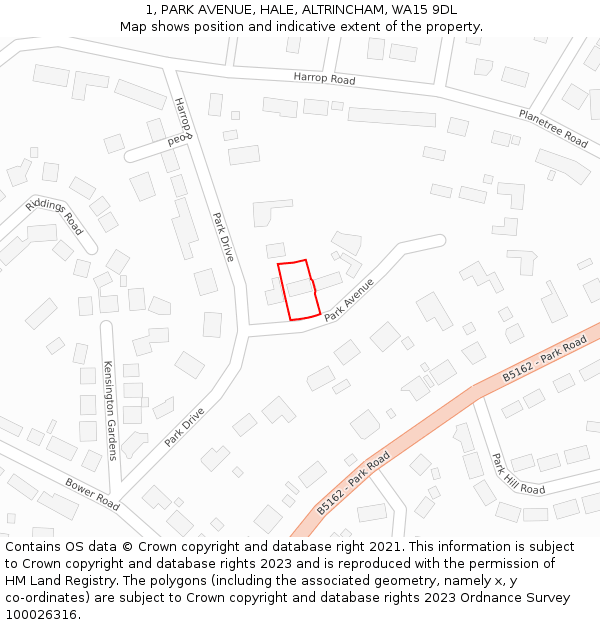 1, PARK AVENUE, HALE, ALTRINCHAM, WA15 9DL: Location map and indicative extent of plot