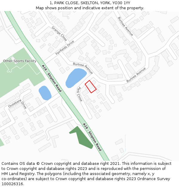 1, PARK CLOSE, SKELTON, YORK, YO30 1YY: Location map and indicative extent of plot