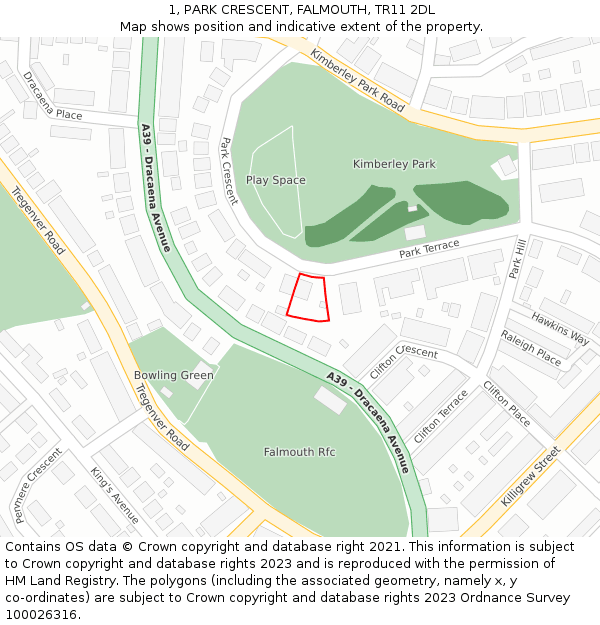 1, PARK CRESCENT, FALMOUTH, TR11 2DL: Location map and indicative extent of plot